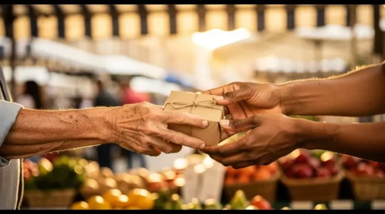 Mains diverses échangeant un objet artisanal équitable dans un marché solidaire