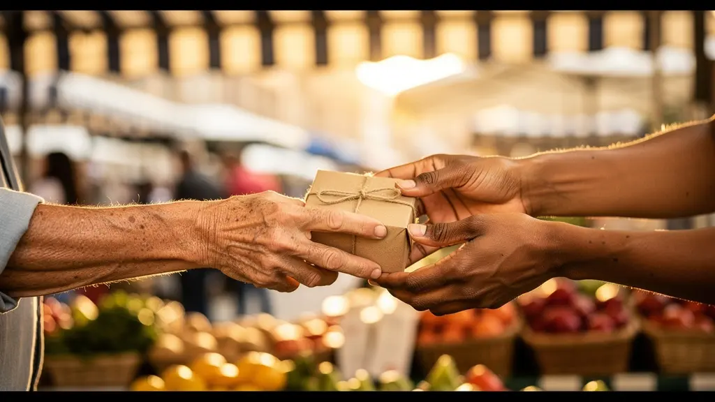 Mains diverses échangeant un objet artisanal équitable dans un marché solidaire