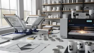 Vue détaillée d'un processus d'impression sur objet avec différentes techniques