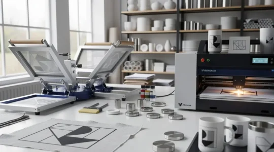 Vue détaillée d'un processus d'impression sur objet avec différentes techniques