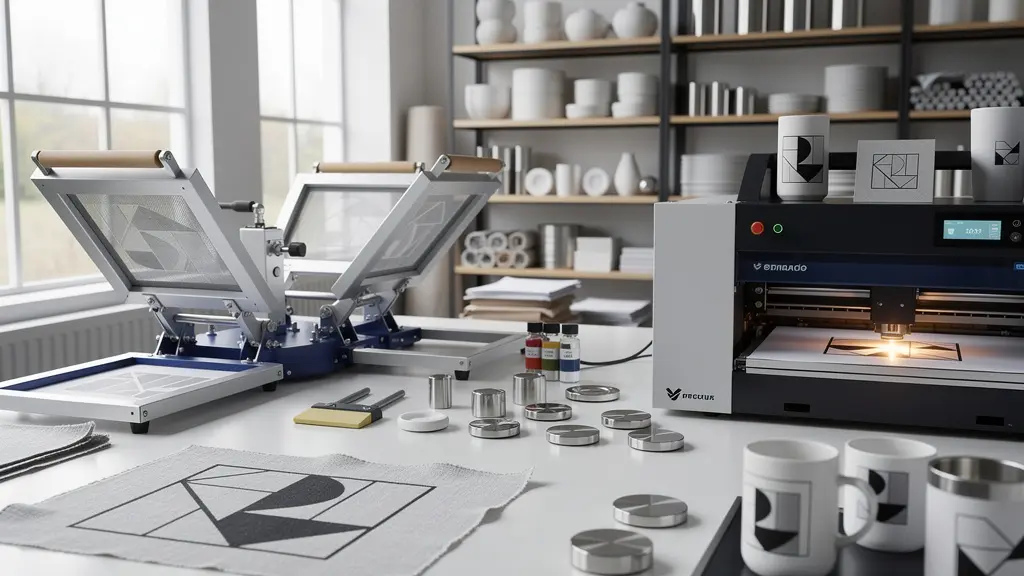 Vue détaillée d'un processus d'impression sur objet avec différentes techniques