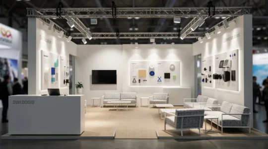 Vue en perspective d'un stand professionnel moderne avec zones distinctes et éclairage stratégique