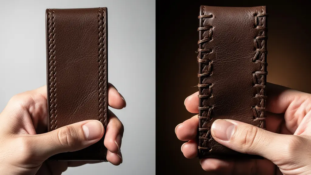 Inspection détaillée d'une couture sur un objet en cuir de qualité