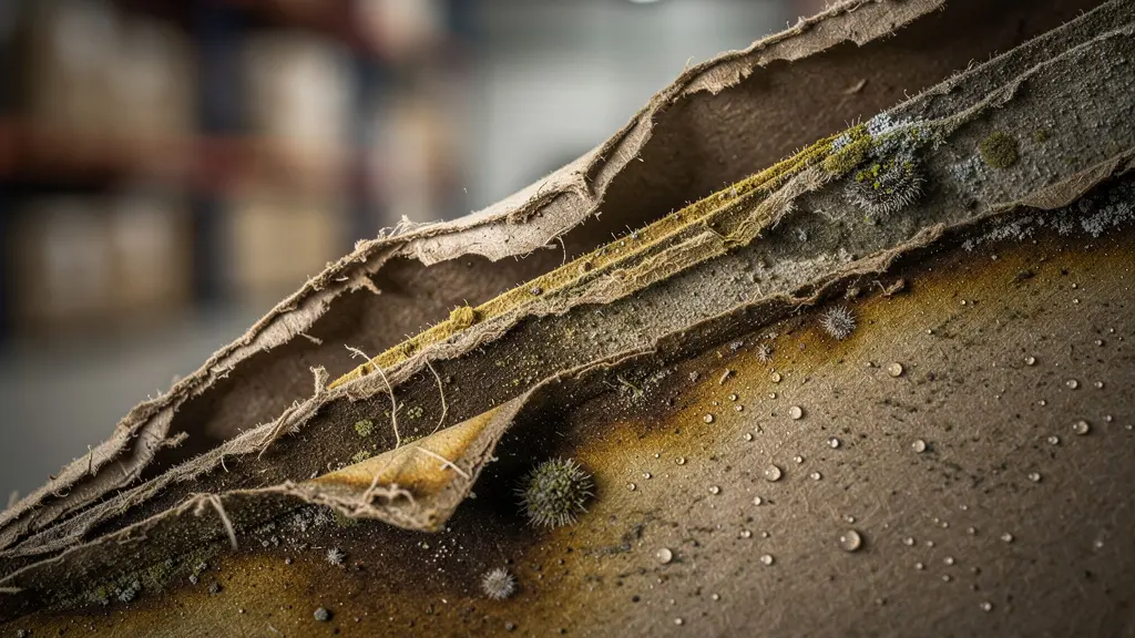 Gros plan sur des supports marketing dégradés par l'humidité et le temps dans un entrepôt