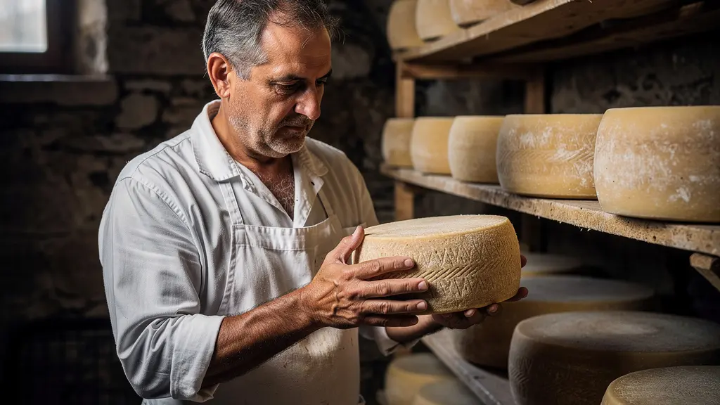 Artisan fromager dans son atelier traditionnel travaillant sur une meule de fromage