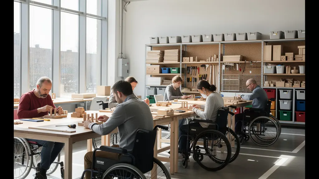 Vue d'un atelier d'ESAT où des travailleurs collaborent sur la conception d'un produit