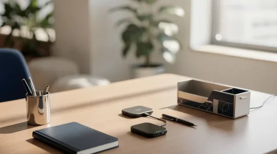 Bureau professionnel moderne avec accessoires de bureau durables et objets publicitaires de qualité disposés harmonieusement