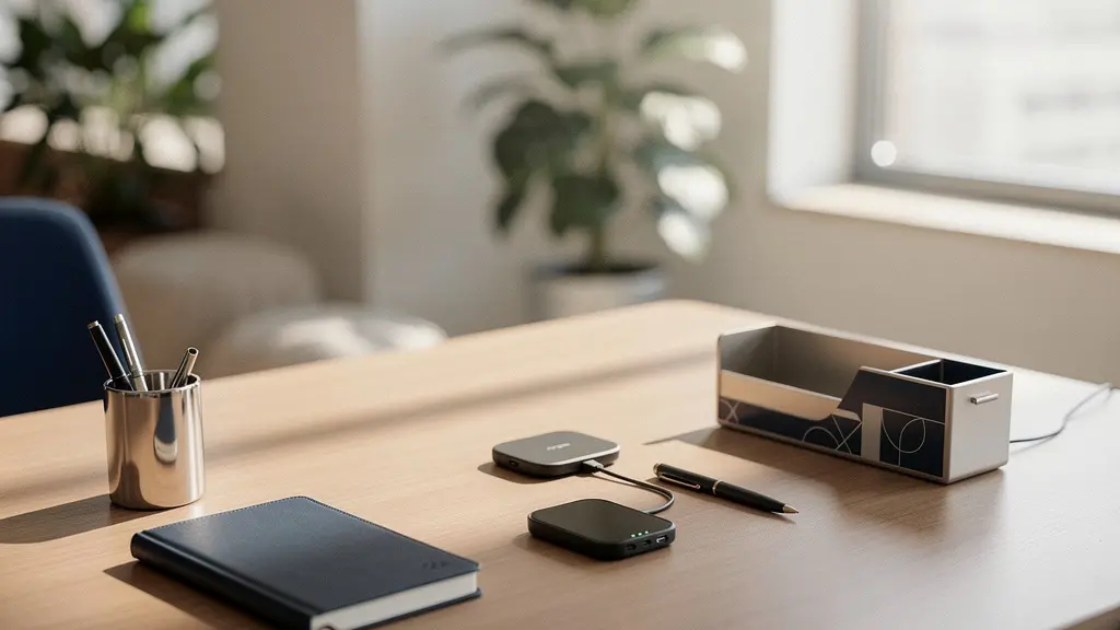 Bureau professionnel moderne avec accessoires de bureau durables et objets publicitaires de qualité disposés harmonieusement