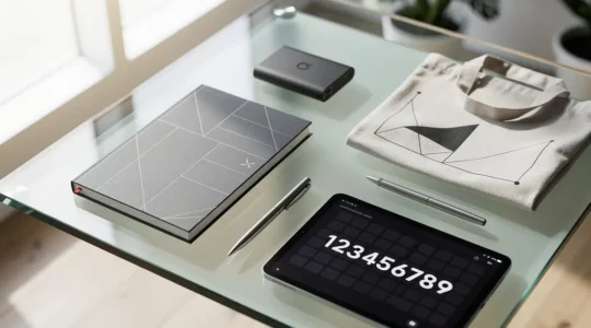 Calculateur CPM professionnel analysant des objets publicitaires sur un bureau moderne