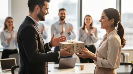 Employés dans un bureau moderne recevant des récompenses sous forme d'objets et de chèques-cadeaux