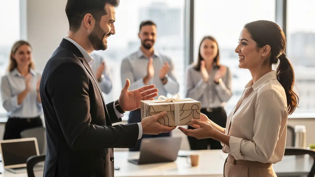 Employés dans un bureau moderne recevant des récompenses sous forme d'objets et de chèques-cadeaux