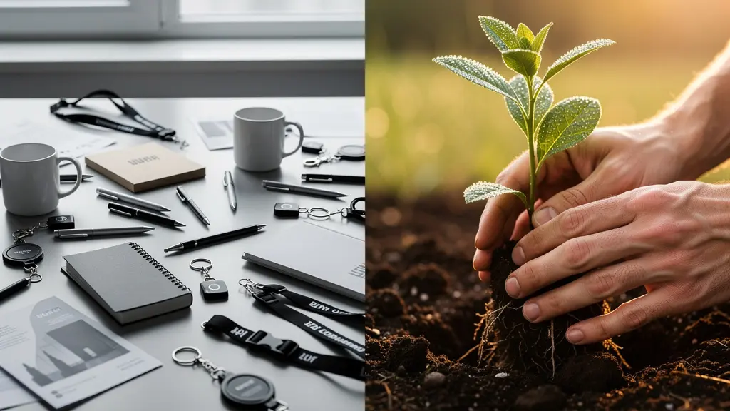 Comparaison visuelle entre plantation d'arbre et objet publicitaire traditionnel