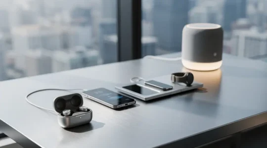 Bureau exécutif moderne avec sélection de gadgets technologiques premium