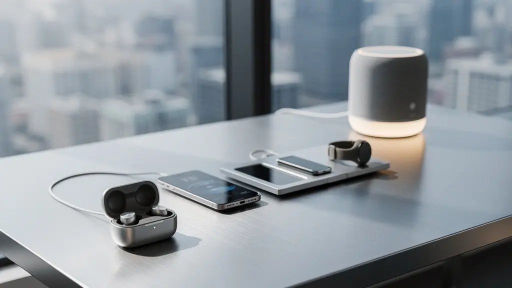 Bureau exécutif moderne avec sélection de gadgets technologiques premium