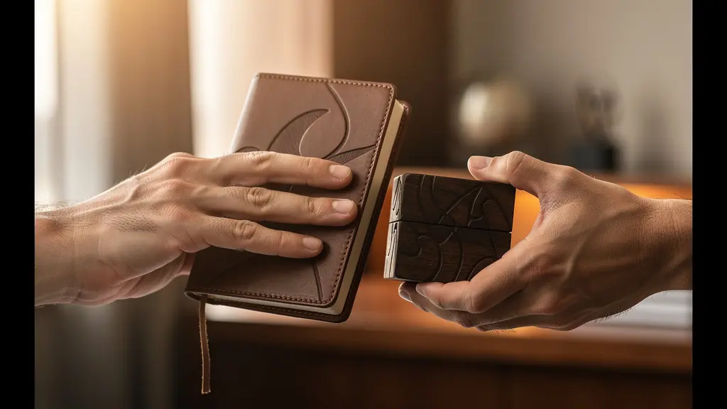 Main d'un entrepreneur offrant une pièce d'artisanat unique dans un emballage élégant, ambiance bureau haut de gamme