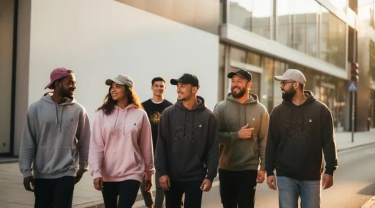 Groupe diversifié portant des vêtements de marque dans un environnement urbain