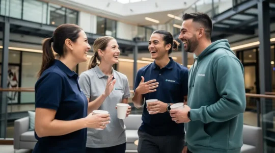 Collaborateurs souriants portant des t-shirts d'entreprise de qualité dans un environnement moderne