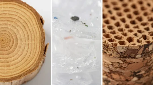 Composition comparative montrant des échantillons de bambou naturel, de fibres rPET recyclées et de liège texturé disposés harmonieusement