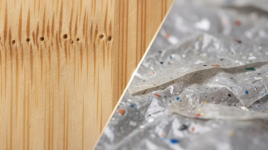 Vue macro détaillée de textures de bambou naturel et plastique recyclé côte à côte