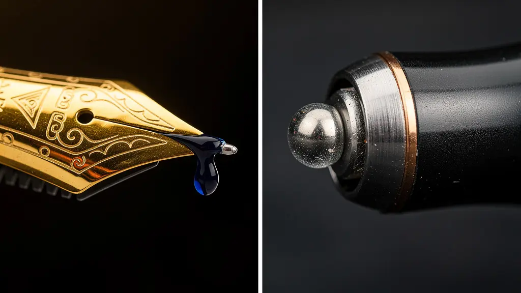 Gros plan macro sur une plume en or 18 carats avec gouttelette d'encre comparée à une pointe roller moderne
