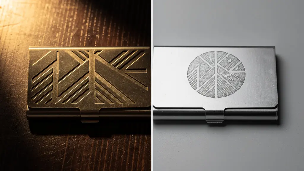 Comparaison visuelle montrant la texture permanente d'une gravure laser versus une impression tampographie sur métal