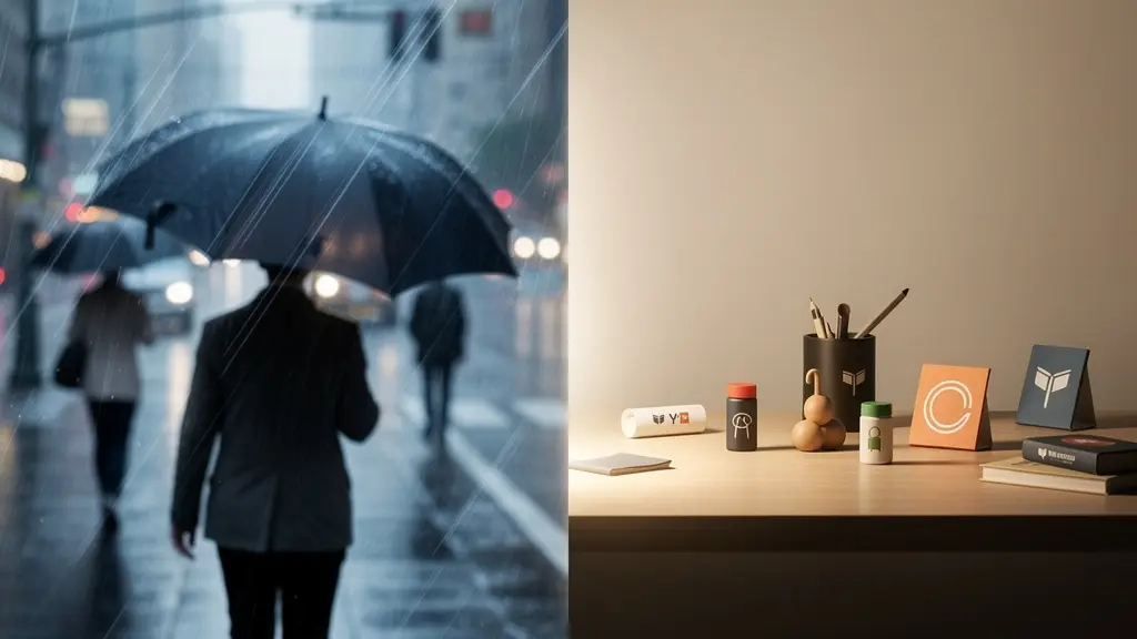 Comparaison visuelle entre la visibilité mobile d'un parapluie et celle statique d'accessoires de bureau
