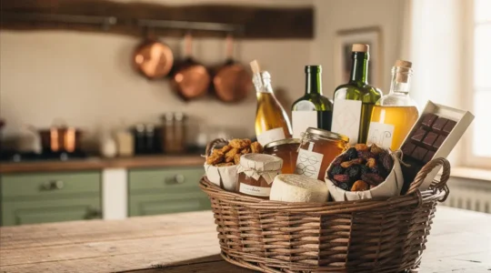 Arrangement élégant de produits gourmands artisanaux disposés dans un panier en osier