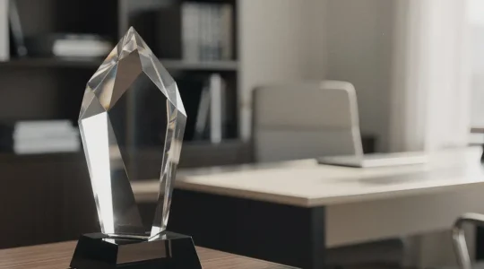 Vue d'un trophée en cristal sur une étagère dans un bureau, capturant la lumière naturelle