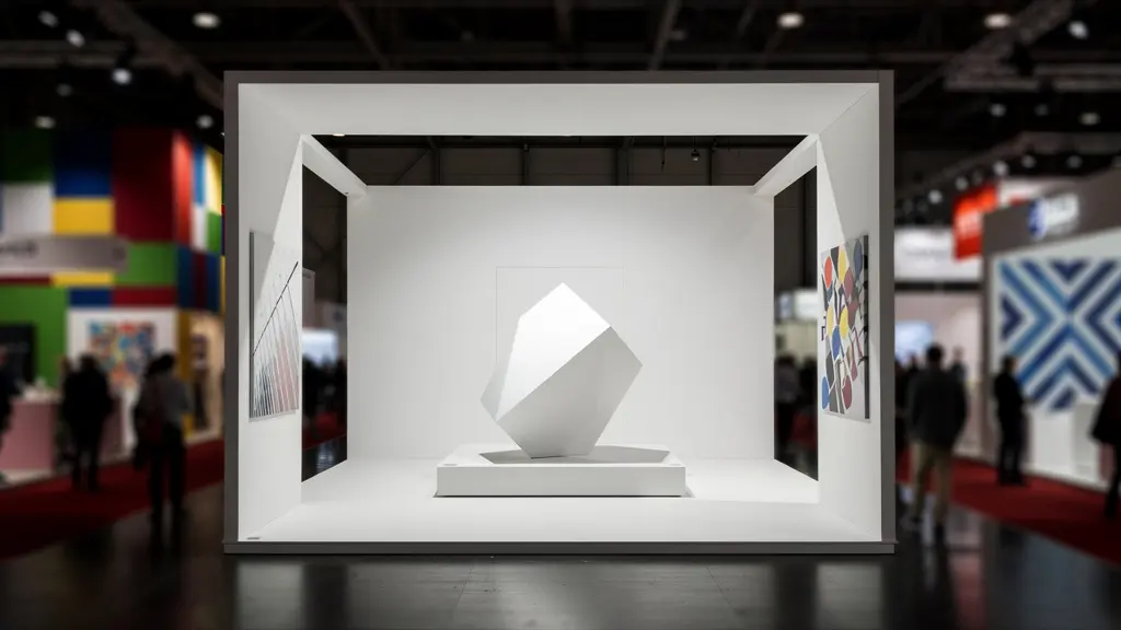 Stand épuré aux lignes minimalistes contrastant avec l'environnement dense d'un salon professionnel