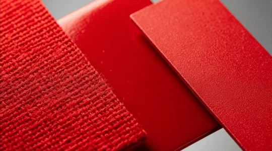 Comparaison professionnelle de la reproduction d'une couleur rouge vif sur trois supports différents : tissu, plastique et métal, sous éclairage contrôlé