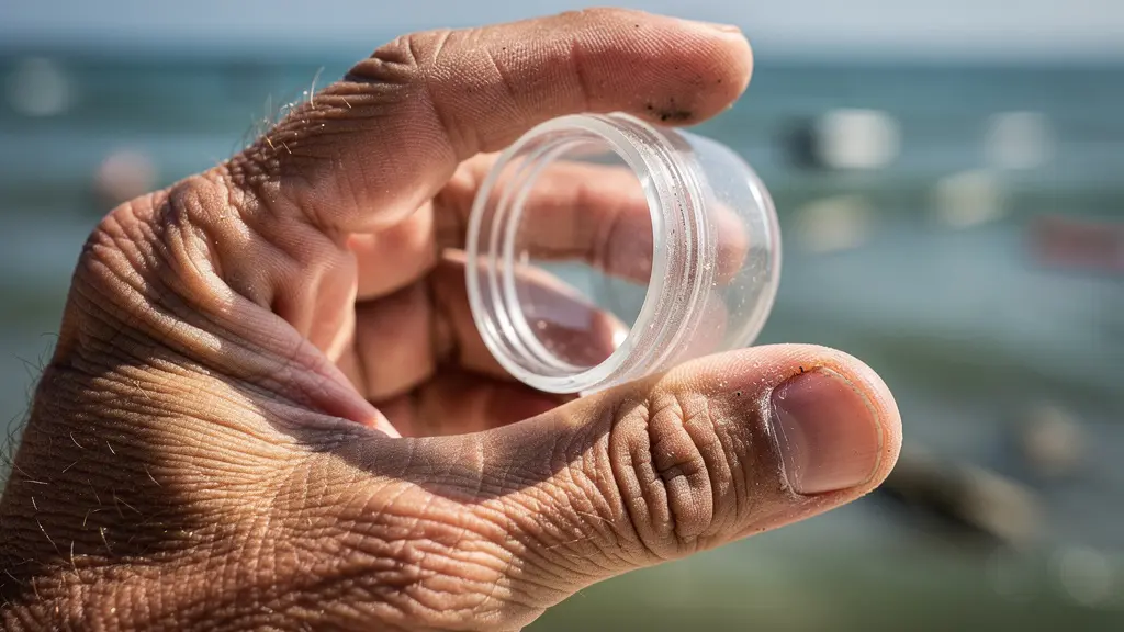 Gros plan sur une main tenant une bouteille avec un océan pollué en arrière-plan flou
