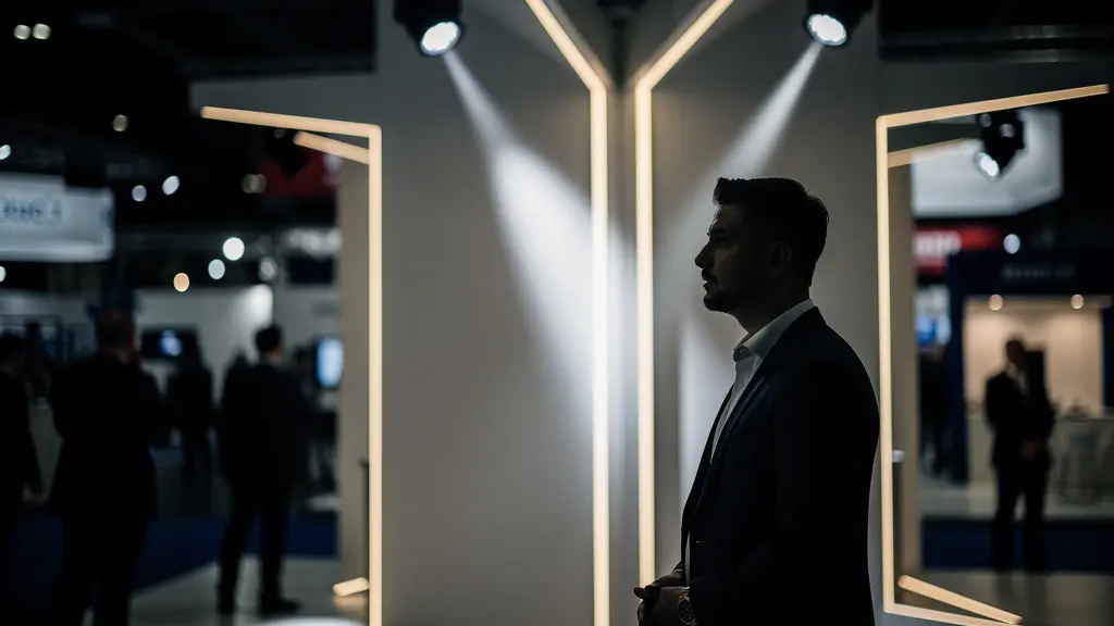 Jeu de lumières LED sculptant l'espace d'un stand d'exposition avec des faisceaux directionnels