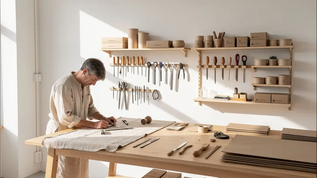 Artisan créant un produit éthique avec passion dans son atelier