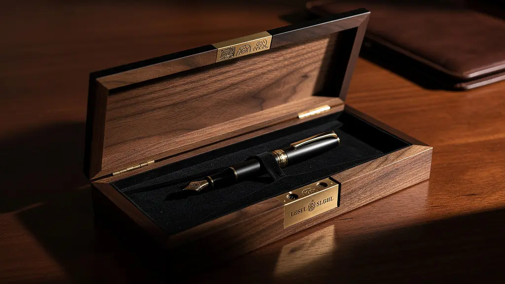 Écrin en bois précieux entrouvert révélant un stylo plume sur velours noir avec éclairage théâtral
