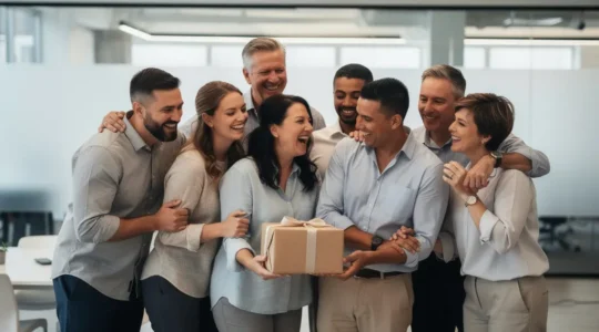 Équipe professionnelle diversifiée célébrant l'arrivée d'un nouveau-né dans un bureau moderne