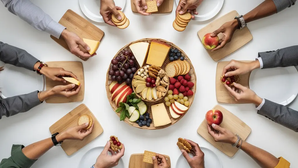 Équipe de collègues partageant un moment convivial autour d'un panier gourmand au bureau