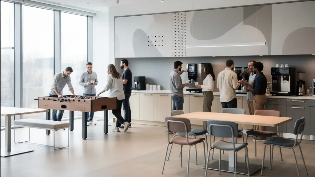 Espace de détente avec baby-foot et coin café dans un bureau lumineux