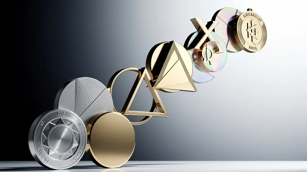 Composition symbolique de badges et de récompenses disposés en progression ascendante pour illustrer la gamification des KPIs.