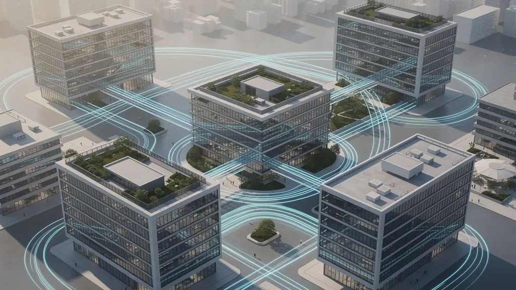 Vue aérienne d'un réseau d'agences connectées visuellement par des lignes de couleurs cohérentes formant une toile harmonieuse