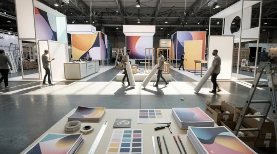 Vue d'ensemble d'un salon professionnel en pleine activité avec stands en cours de montage et impressions en dernière minute