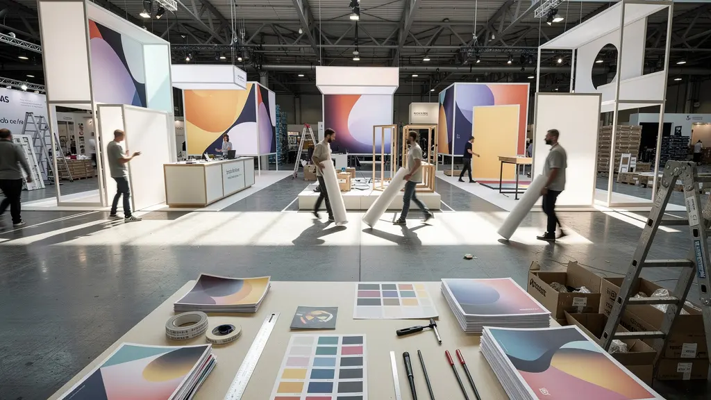 Vue d'ensemble d'un salon professionnel en pleine activité avec stands en cours de montage et impressions en dernière minute