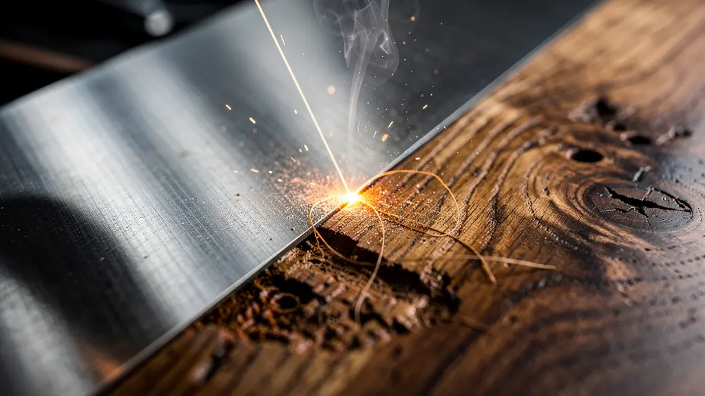 Gravure laser de précision révélant des détails complexes sur métal et bois avec un faisceau lumineux concentré