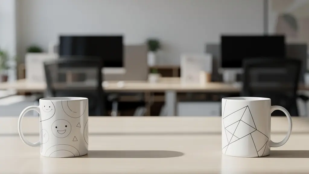 Scène de bureau minimaliste avec des objets promotionnels montrant le contraste entre des approches de messagerie ludiques et professionnelles