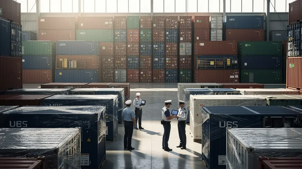 Vue large d'un entrepôt portuaire avec conteneurs et personnel d'inspection