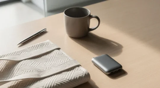 Bureau moderne avec objets publicitaires personnalisés disposés stratégiquement