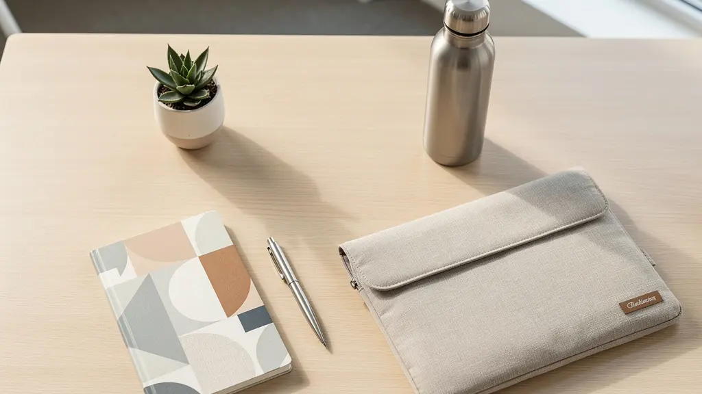 Kit d'accueil moderne disposé sur un bureau en bois clair avec éléments colorés et personnalisés