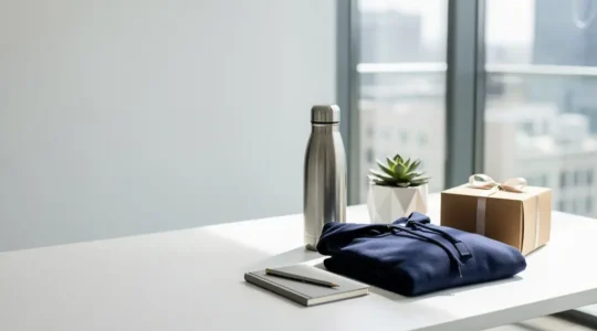 Vue d'ensemble d'un espace de travail moderne avec des éléments de kit d'accueil soigneusement disposés