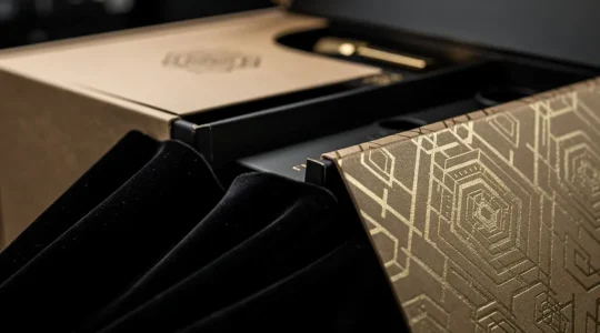 Un kit presse luxueux photographié en plan macro, avec emballage sophistiqué et objets mystérieux partiellement révélés