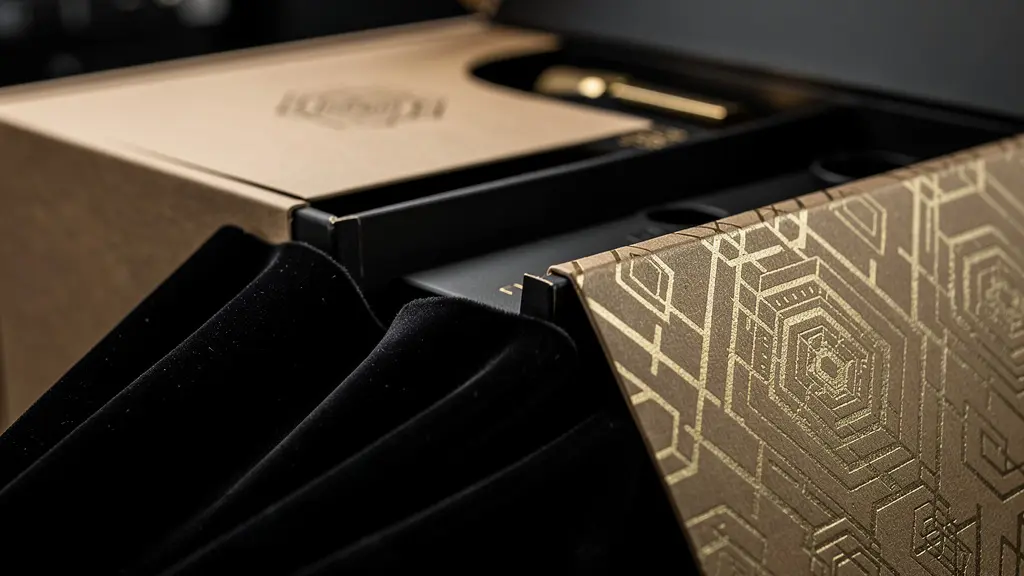 Un kit presse luxueux photographié en plan macro, avec emballage sophistiqué et objets mystérieux partiellement révélés