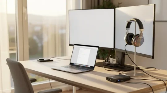 Espace de travail hybride moderne avec équipements technologiques professionnels